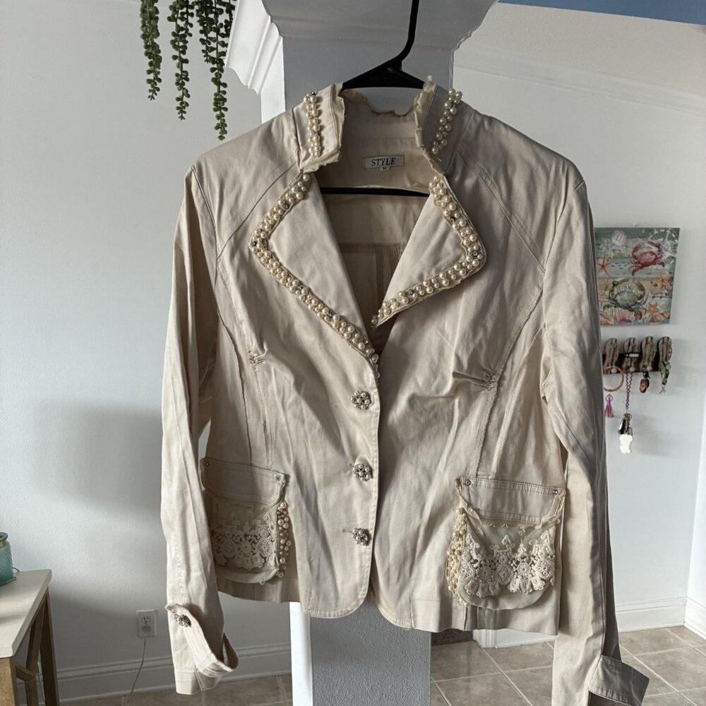 Vintage jacket- Size Medium  beaded pearl and faux diamond studs in areas/beige